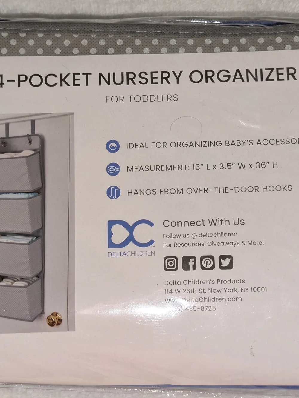Delta Children 4 Pocket Nursery Organizer Dove Gray Over Door Baby Storage NEW